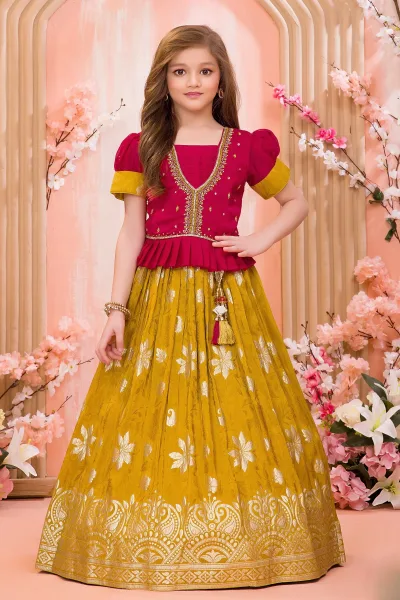Rani pink with Olive Green Stone, Pearl and Zardozi work Lehenga Choli